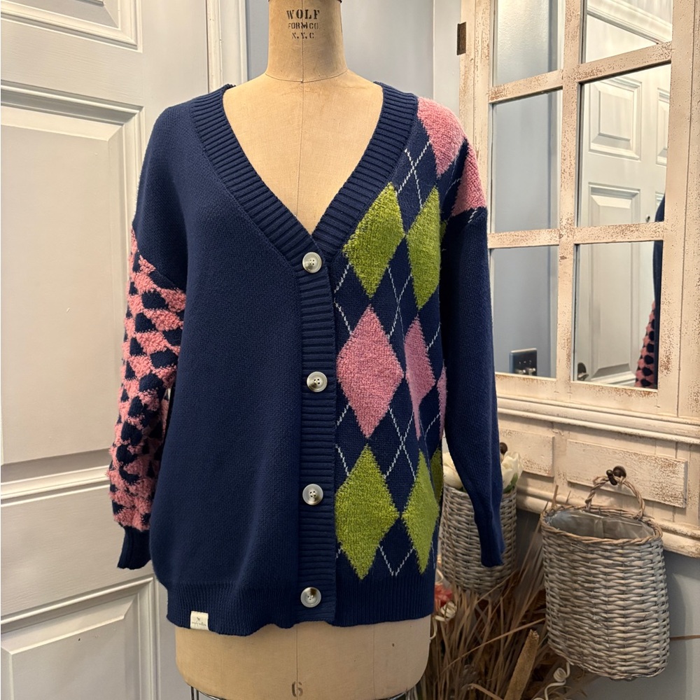 Simply Southern Navy and Pink Color Block Button Down V-neck  Argyle Cardigan S‎